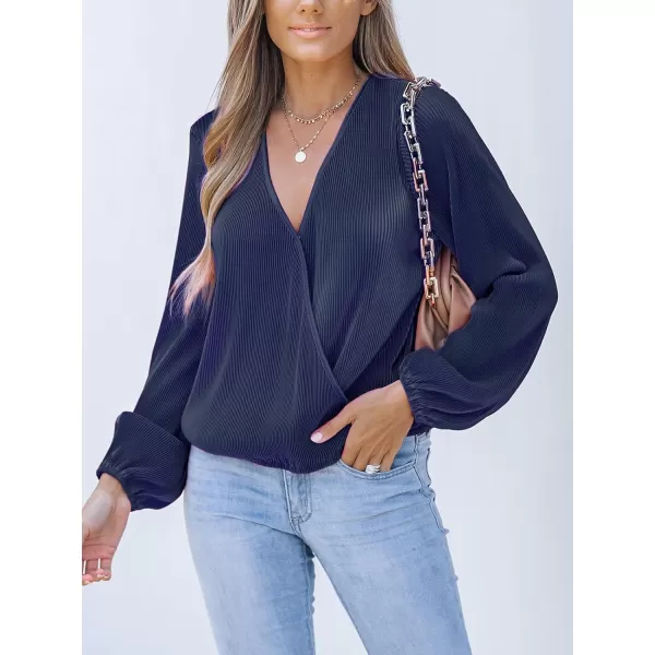 imageCUPSHE Women Peasant Sleeve Tops Casual Loose Fit V Neck Solid Ruched BlouseDark Blue
