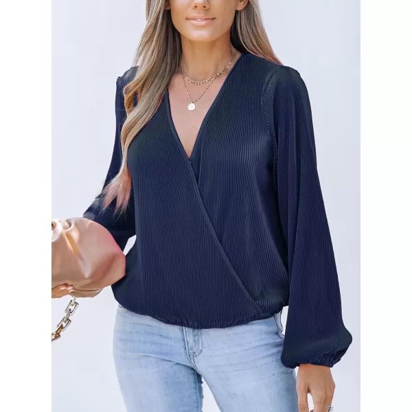imageCUPSHE Women Peasant Sleeve Tops Casual Loose Fit V Neck Solid Ruched BlouseDark Blue