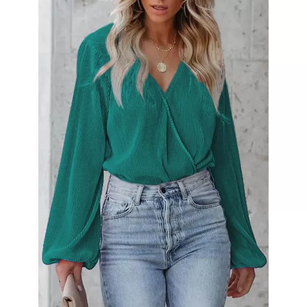 imageCUPSHE Women Peasant Sleeve Tops Casual Loose Fit V Neck Solid Ruched BlouseDark Green