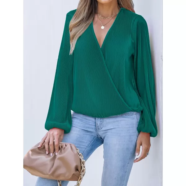 imageCUPSHE Women Peasant Sleeve Tops Casual Loose Fit V Neck Solid Ruched BlouseDark Green