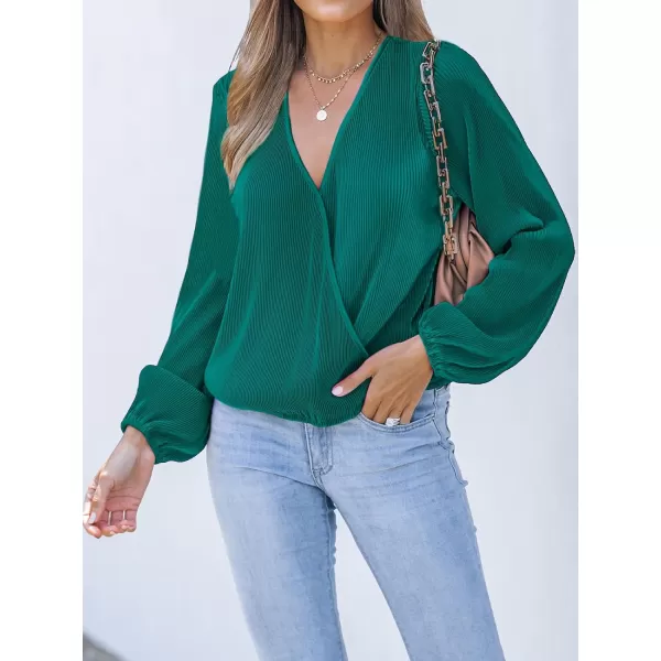 imageCUPSHE Women Peasant Sleeve Tops Casual Loose Fit V Neck Solid Ruched BlouseDark Green