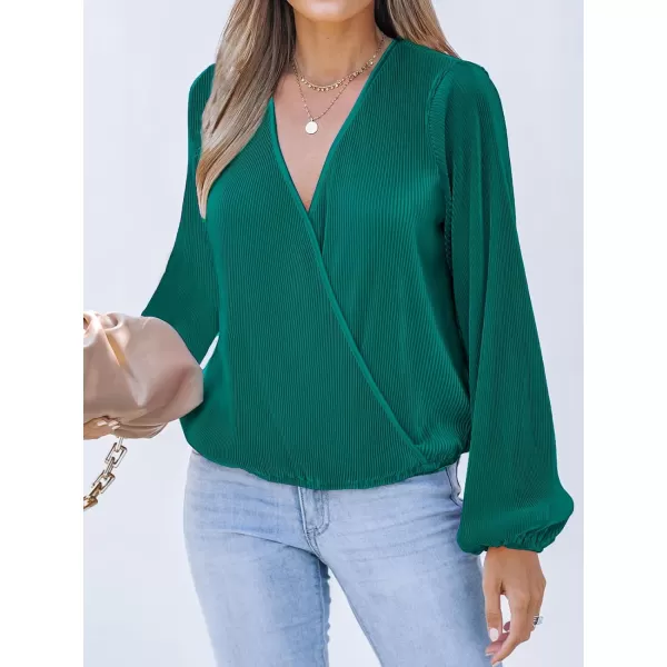 imageCUPSHE Women Peasant Sleeve Tops Casual Loose Fit V Neck Solid Ruched BlouseDark Green
