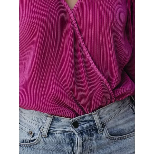 imageCUPSHE Women Peasant Sleeve Tops Casual Loose Fit V Neck Solid Ruched BlouseFuchsia