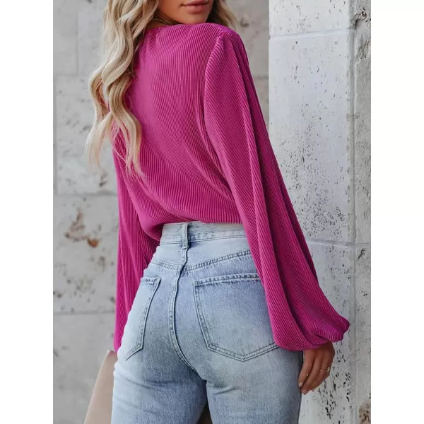 imageCUPSHE Women Peasant Sleeve Tops Casual Loose Fit V Neck Solid Ruched BlouseFuchsia
