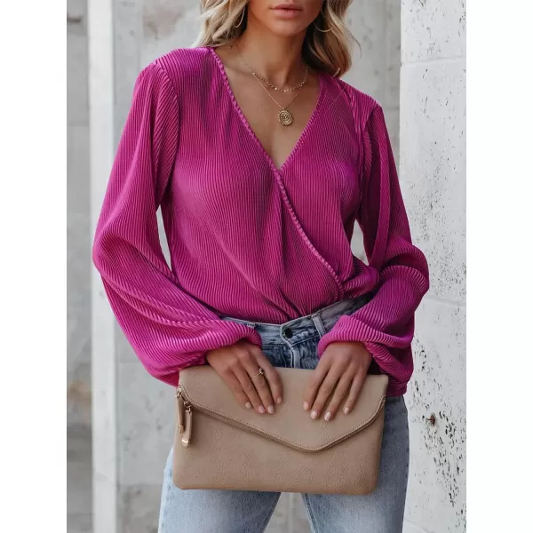 imageCUPSHE Women Peasant Sleeve Tops Casual Loose Fit V Neck Solid Ruched BlouseFuchsia