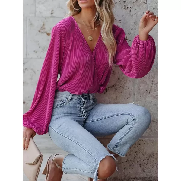 imageCUPSHE Women Peasant Sleeve Tops Casual Loose Fit V Neck Solid Ruched BlouseFuchsia