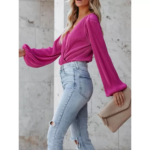 imageCUPSHE Women Peasant Sleeve Tops Casual Loose Fit V Neck Solid Ruched BlouseFuchsia