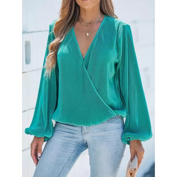 imageCUPSHE Women Peasant Sleeve Tops Casual Loose Fit V Neck Solid Ruched BlouseGreen
