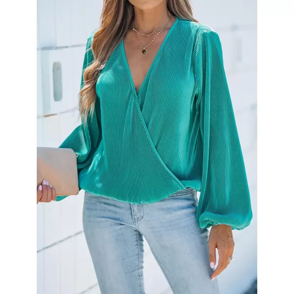 imageCUPSHE Women Peasant Sleeve Tops Casual Loose Fit V Neck Solid Ruched BlouseGreen