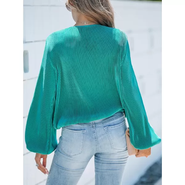 imageCUPSHE Women Peasant Sleeve Tops Casual Loose Fit V Neck Solid Ruched BlouseGreen
