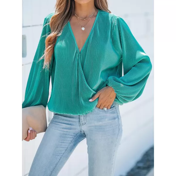 imageCUPSHE Women Peasant Sleeve Tops Casual Loose Fit V Neck Solid Ruched BlouseGreen
