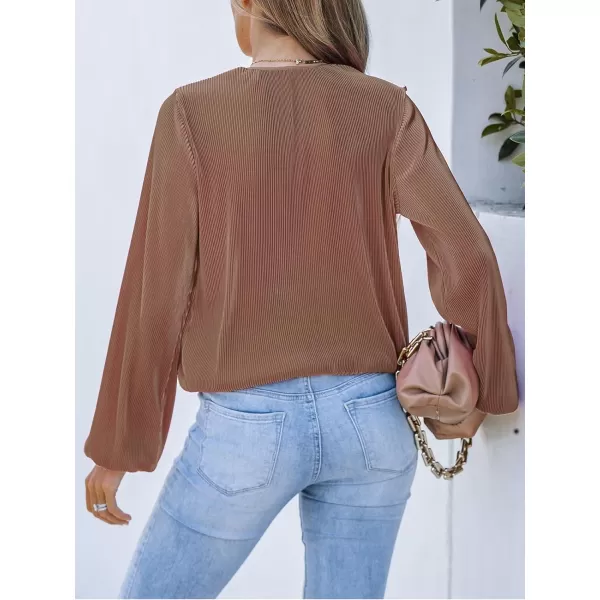 imageCUPSHE Women Peasant Sleeve Tops Casual Loose Fit V Neck Solid Ruched BlouseLight Brown