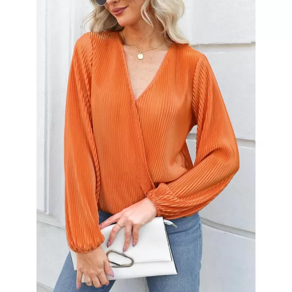 imageCUPSHE Women Peasant Sleeve Tops Casual Loose Fit V Neck Solid Ruched BlouseOrange
