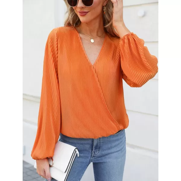 imageCUPSHE Women Peasant Sleeve Tops Casual Loose Fit V Neck Solid Ruched BlouseOrange