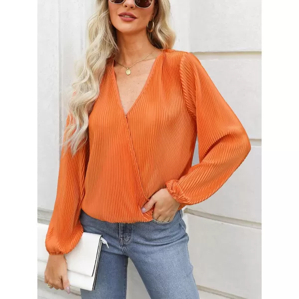 imageCUPSHE Women Peasant Sleeve Tops Casual Loose Fit V Neck Solid Ruched BlouseOrange