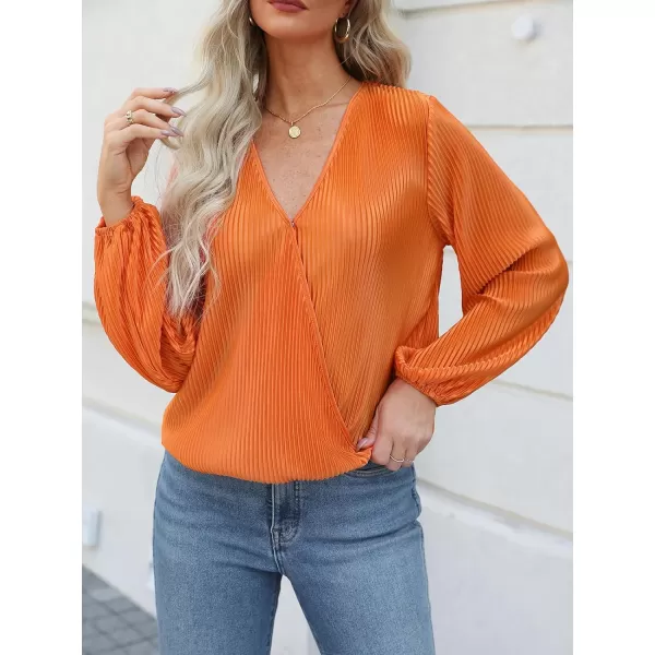 imageCUPSHE Women Peasant Sleeve Tops Casual Loose Fit V Neck Solid Ruched BlouseOrange