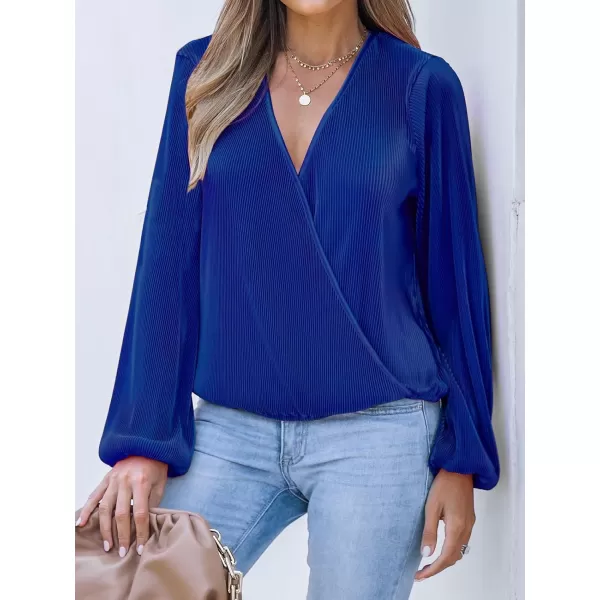imageCUPSHE Women Peasant Sleeve Tops Casual Loose Fit V Neck Solid Ruched BlouseRoyal Blue