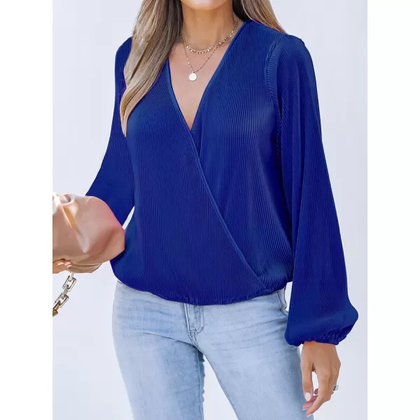 imageCUPSHE Women Peasant Sleeve Tops Casual Loose Fit V Neck Solid Ruched BlouseRoyal Blue