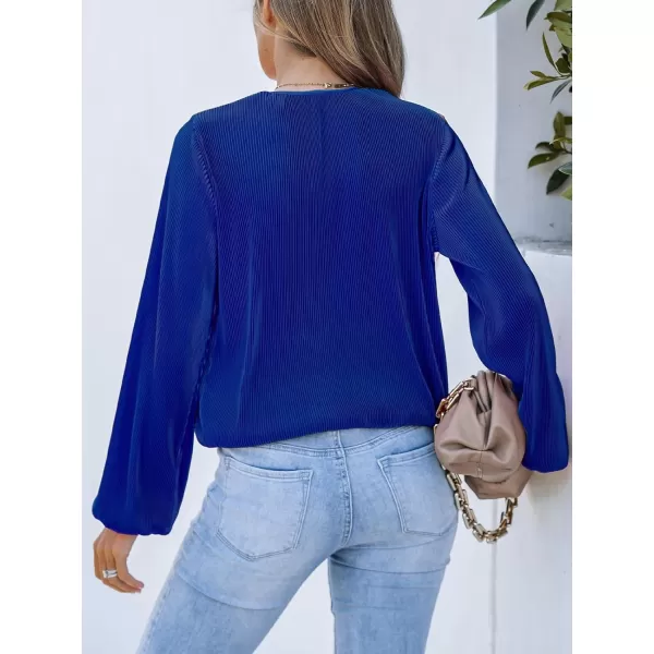 imageCUPSHE Women Peasant Sleeve Tops Casual Loose Fit V Neck Solid Ruched BlouseRoyal Blue