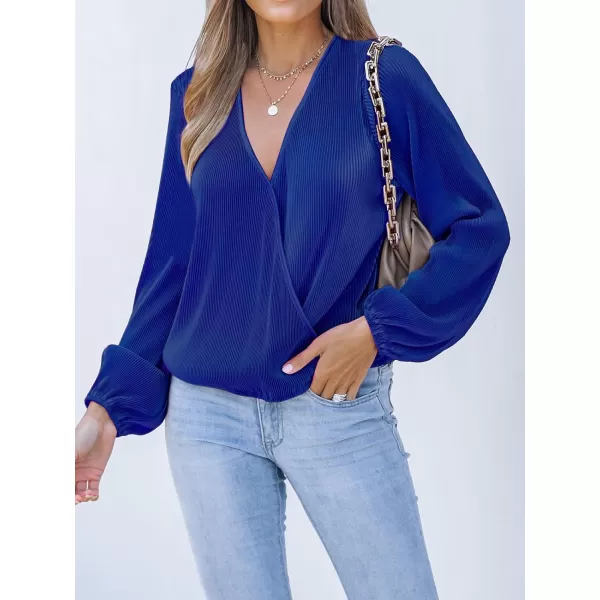 imageCUPSHE Women Peasant Sleeve Tops Casual Loose Fit V Neck Solid Ruched BlouseRoyal Blue