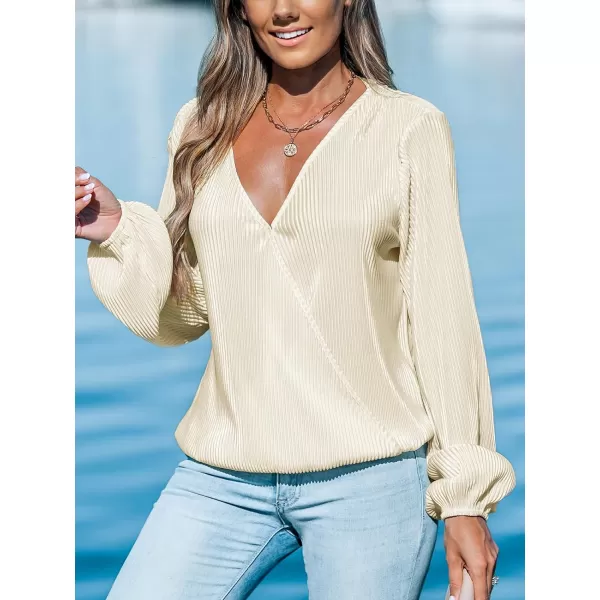 imageCUPSHE Women Peasant Sleeve Tops Casual Loose Fit V Neck Solid Ruched BlouseWhite