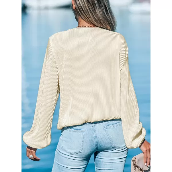imageCUPSHE Women Peasant Sleeve Tops Casual Loose Fit V Neck Solid Ruched BlouseWhite