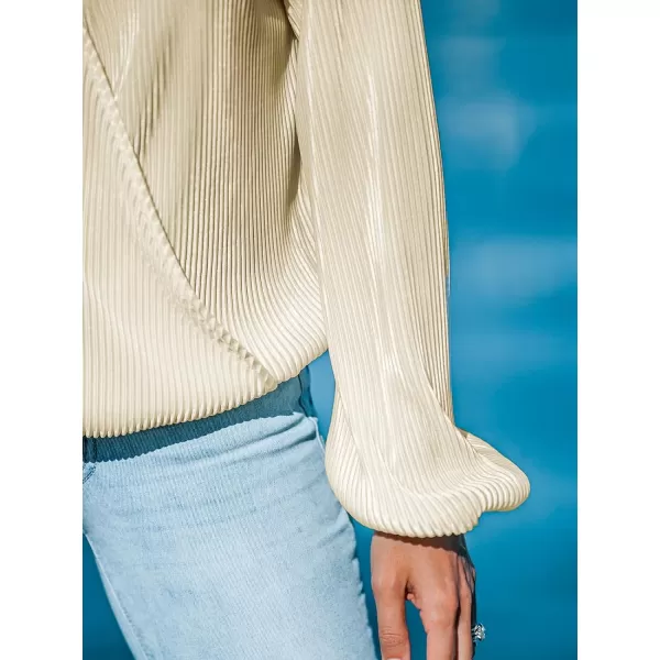 imageCUPSHE Women Peasant Sleeve Tops Casual Loose Fit V Neck Solid Ruched BlouseWhite