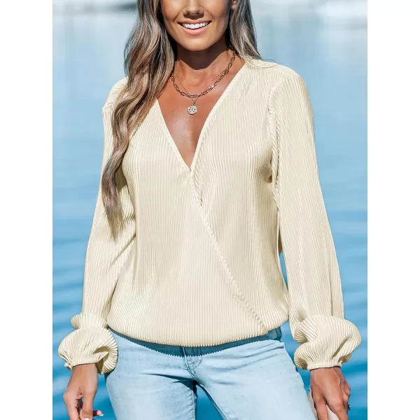 imageCUPSHE Women Peasant Sleeve Tops Casual Loose Fit V Neck Solid Ruched BlouseWhite