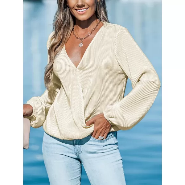 imageCUPSHE Women Peasant Sleeve Tops Casual Loose Fit V Neck Solid Ruched BlouseWhite