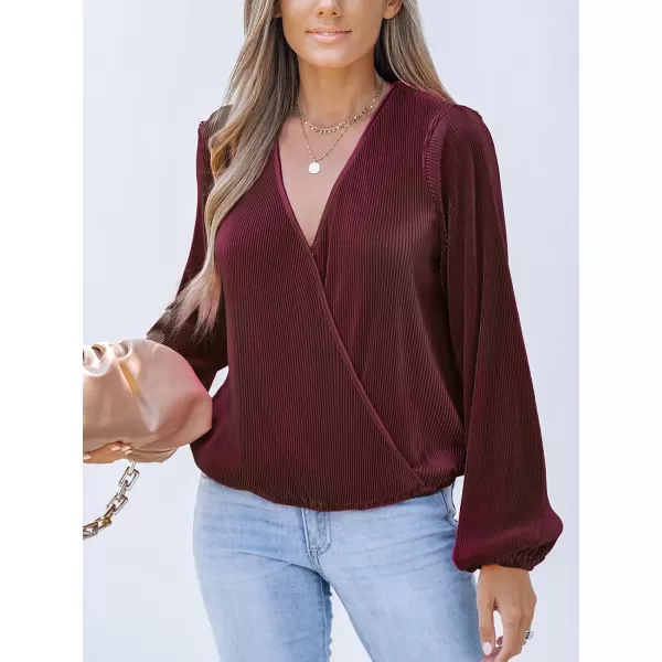 imageCUPSHE Women Peasant Sleeve Tops Casual Loose Fit V Neck Solid Ruched BlouseWine