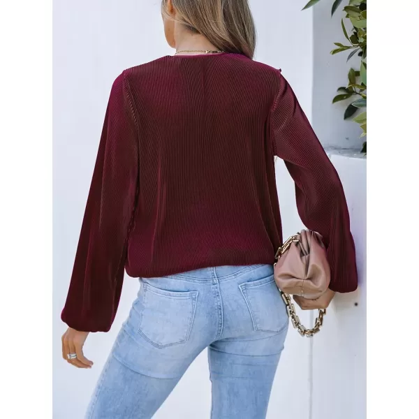 imageCUPSHE Women Peasant Sleeve Tops Casual Loose Fit V Neck Solid Ruched BlouseWine