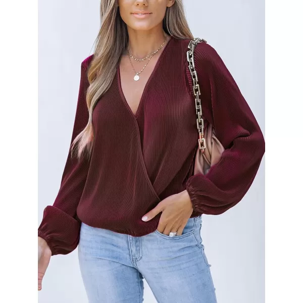 imageCUPSHE Women Peasant Sleeve Tops Casual Loose Fit V Neck Solid Ruched BlouseWine