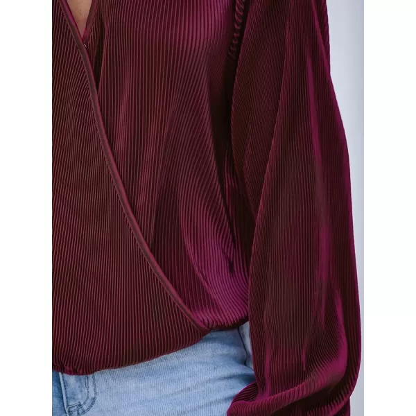 imageCUPSHE Women Peasant Sleeve Tops Casual Loose Fit V Neck Solid Ruched BlouseWine