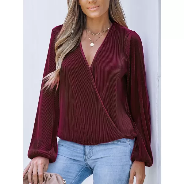 imageCUPSHE Women Peasant Sleeve Tops Casual Loose Fit V Neck Solid Ruched BlouseWine