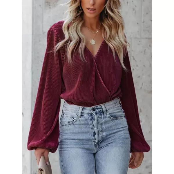 imageCUPSHE Women Peasant Sleeve Tops Casual Loose Fit V Neck Solid Ruched BlouseWine