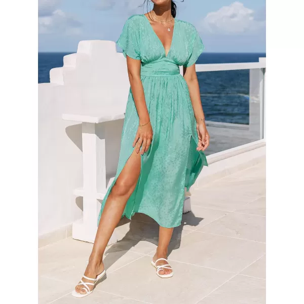 imageCUPSHE Women Plunge Cut Out Back Split Side Maxi Dress with Short Bat SleevesGreen