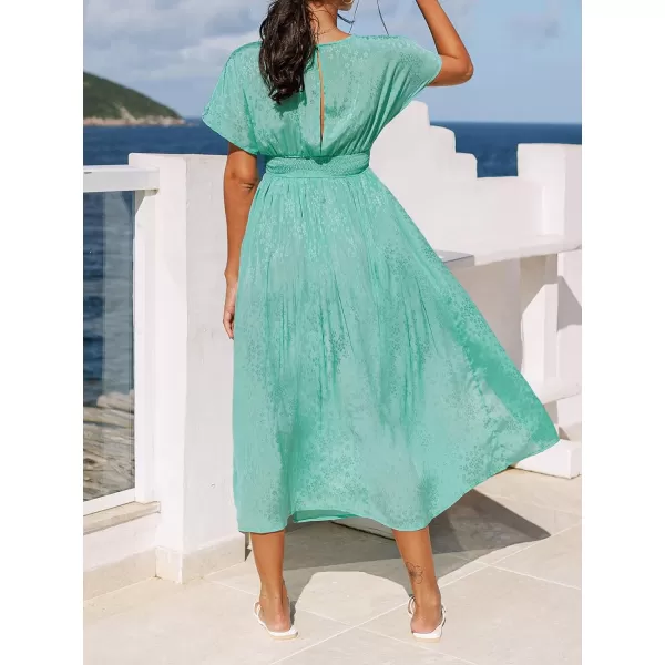 imageCUPSHE Women Plunge Cut Out Back Split Side Maxi Dress with Short Bat SleevesGreen