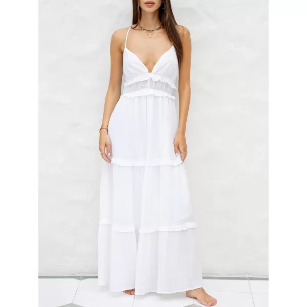 imageCUPSHE Women Plunge Frill Slip Maxi Dress Sexy Backless Beach Long DressesWhite