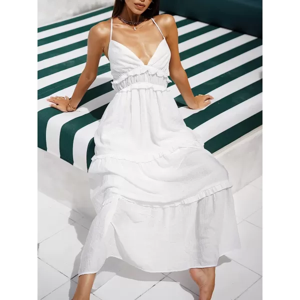 imageCUPSHE Women Plunge Frill Slip Maxi Dress Sexy Backless Beach Long DressesWhite