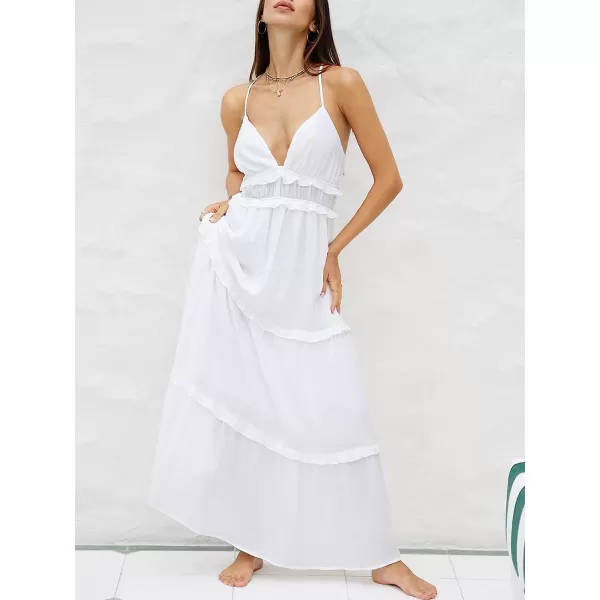 imageCUPSHE Women Plunge Frill Slip Maxi Dress Sexy Backless Beach Long DressesWhite