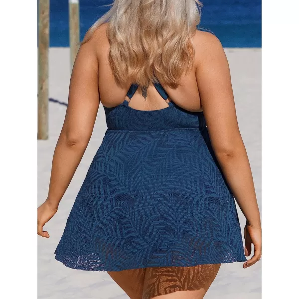imageCUPSHE Women Plus Size Bathing Suit One Piece Swimsuits Cross Back Mesh Hollow Out Split Swim Dress Leaf TextureNavy