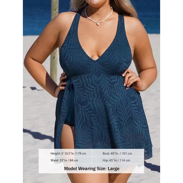 imageCUPSHE Women Plus Size Bathing Suit One Piece Swimsuits Cross Back Mesh Hollow Out Split Swim Dress Leaf TextureNavy