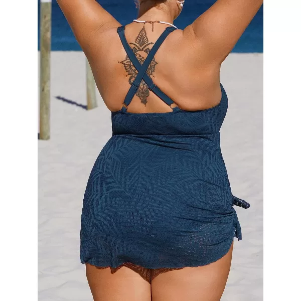 imageCUPSHE Women Plus Size Bathing Suit One Piece Swimsuits Cross Back Mesh Hollow Out Split Swim Dress Leaf TextureNavy