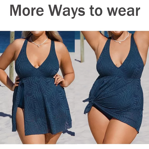 imageCUPSHE Women Plus Size Bathing Suit One Piece Swimsuits Cross Back Mesh Hollow Out Split Swim Dress Leaf TextureNavy