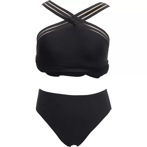 imageCUPSHE Women Plus Size Bathing Suit Two Piece Tankini Swimsuits Crossover Striped Bands Flowy Swim Dress with BottomsBlack