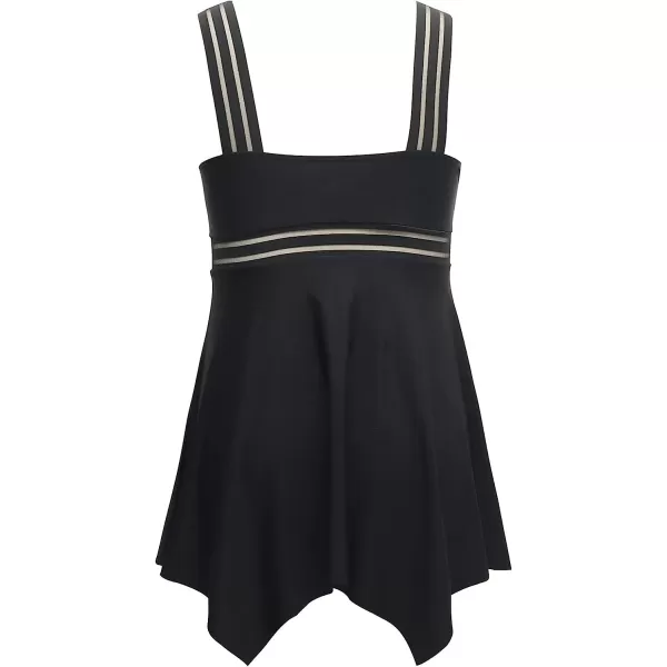 imageCUPSHE Women Plus Size Bathing Suit Two Piece Tankini Swimsuits Crossover Striped Bands Flowy Swim Dress with BottomsBlack