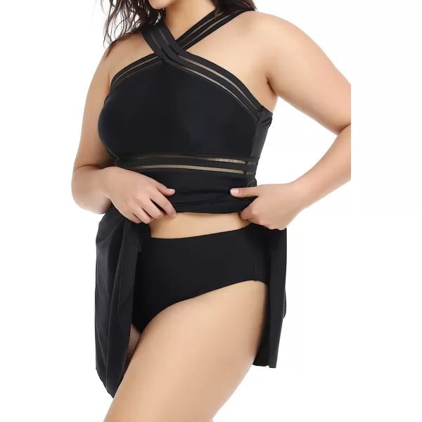 imageCUPSHE Women Plus Size Bathing Suit Two Piece Tankini Swimsuits Crossover Striped Bands Flowy Swim Dress with BottomsBlack