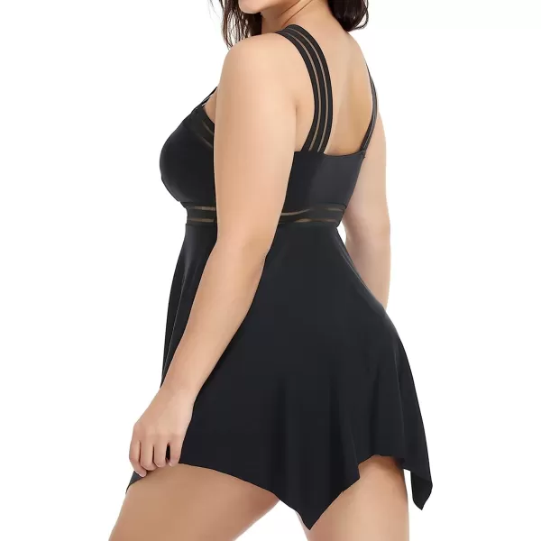 imageCUPSHE Women Plus Size Bathing Suit Two Piece Tankini Swimsuits Crossover Striped Bands Flowy Swim Dress with BottomsBlack