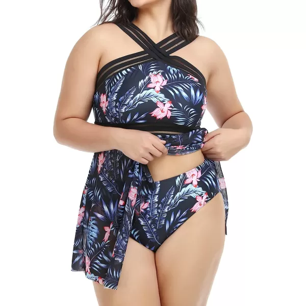 imageCUPSHE Women Plus Size Bathing Suit Two Piece Tankini Swimsuits Crossover Striped Bands Flowy Swim Dress with BottomsPink Floral Print