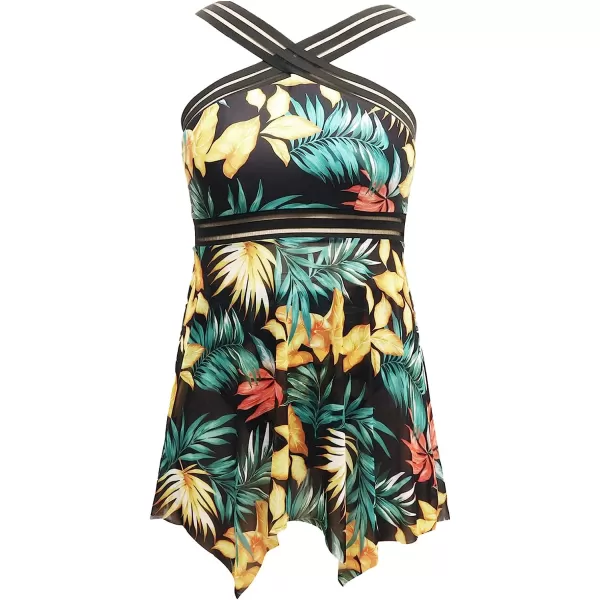 imageCUPSHE Women Plus Size Bathing Suit Two Piece Tankini Swimsuits Crossover Striped Bands Flowy Swim Dress with BottomsYellow Leaf Print